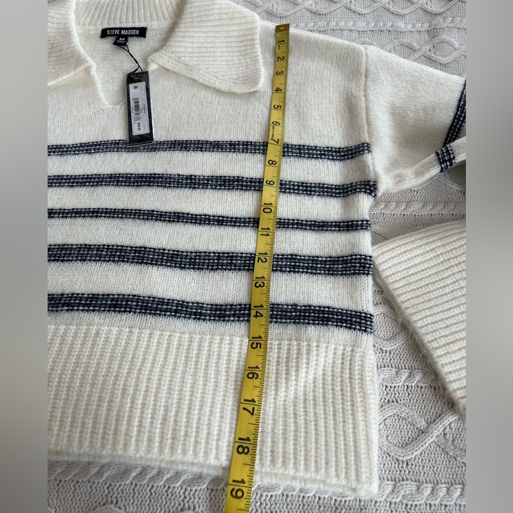 Steve Madden Navy and White Designer Collar Striped Sweater Women’s Medium - Picture 13 of 15